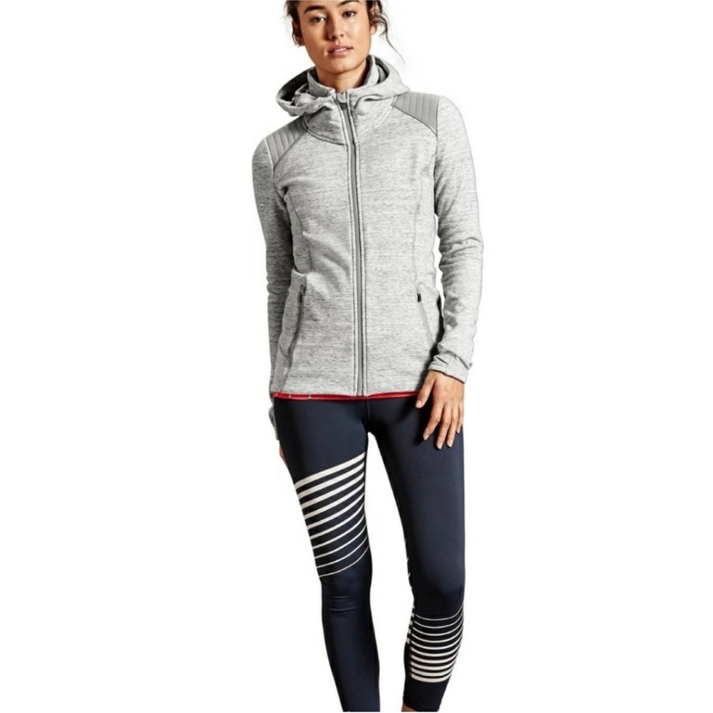 Athleta Stronger Jacket Women’s M Gray Hooded Full Zip Fleece Backed Travel Run - Picture 2 of 12
